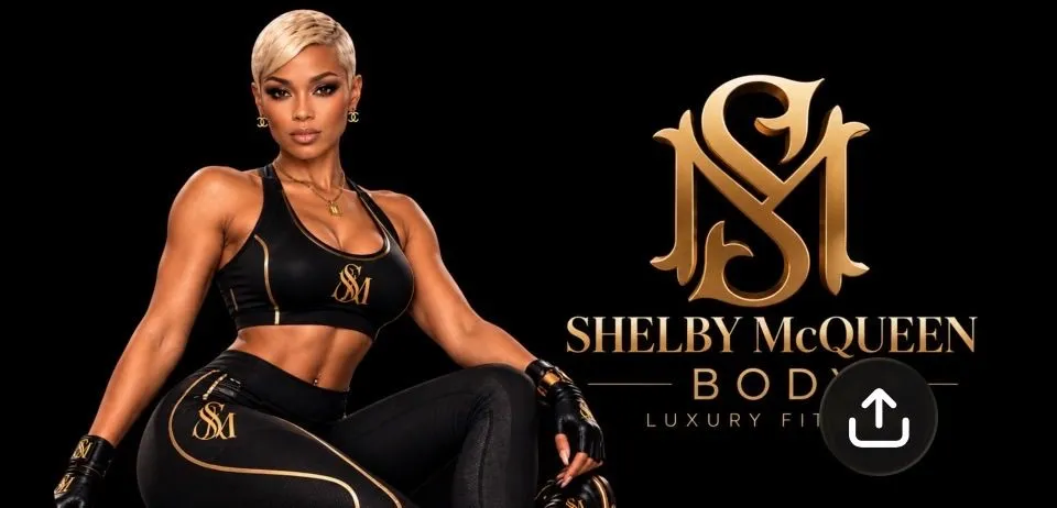 Shelby McQueen Body Royale luxury fitness campaign image with the original gold logo
